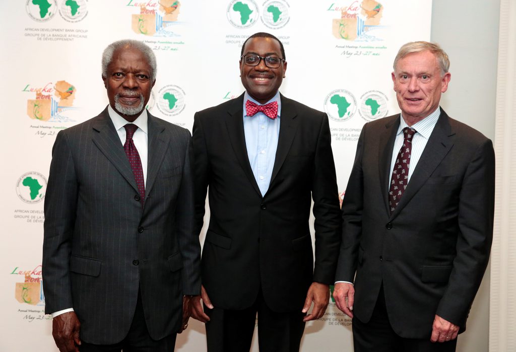 Former Secretary-General of the United Nations Kofi Annan, former Federal President Horst Köhler, and  President of the African Development Bank (AfDB) Akinwumi Adesina (courtesy of the AfDB).